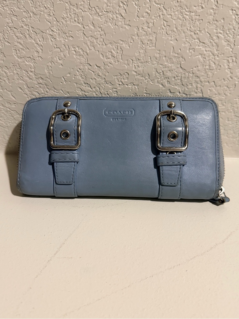 Coach Light Blue Zip Wallet with Buckle Detail